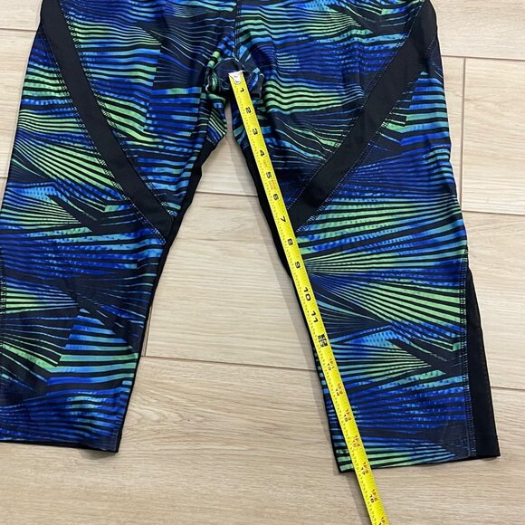 Womens Capri Leggings Blue/Green Striped Pattern With Black Mesh Panels Size L - Picture 9 of 11